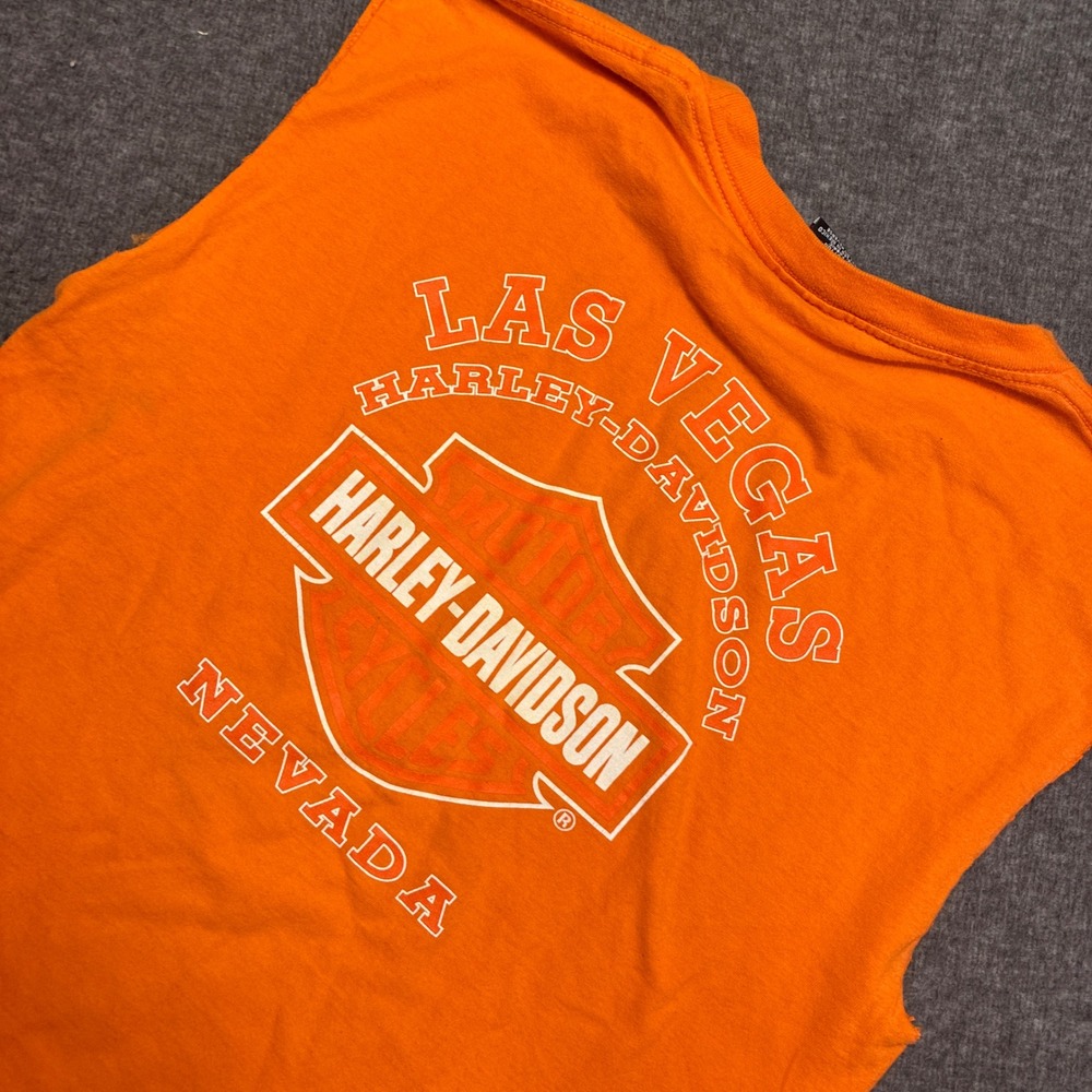 Vintage Harley-Davidson Muscle Tee Mens L Orange Las Vegas Graphic Cut Sleeve